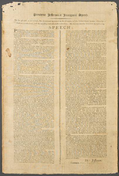 Appraisal: JEFFERSON THOMAS - FIRST SILK BROADSIDE OF JEFFERSON'S SECOND INAUGURAL