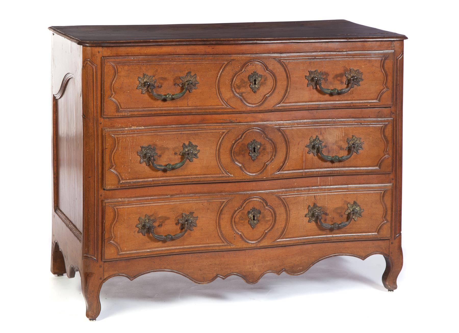 Appraisal: CONTINENTAL THREE-DRAWER CHEST WITH SHAPED FRONT Late th century walnut