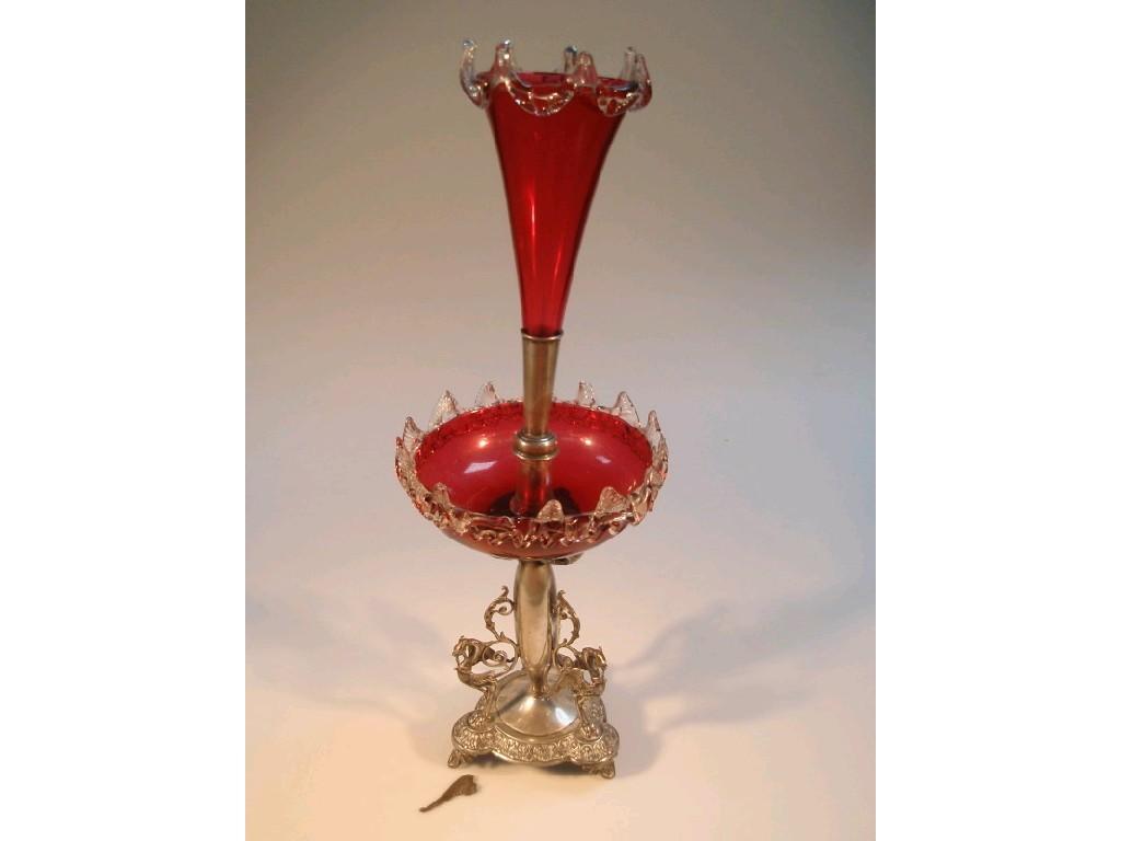 Appraisal: A Victorian cranberry glass epergne with single trumpet vase and