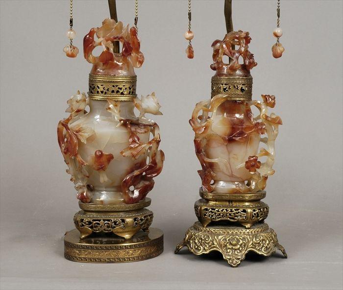 Appraisal: Two Chinese Carved Agate Covered Jars Mounted as Lamps to