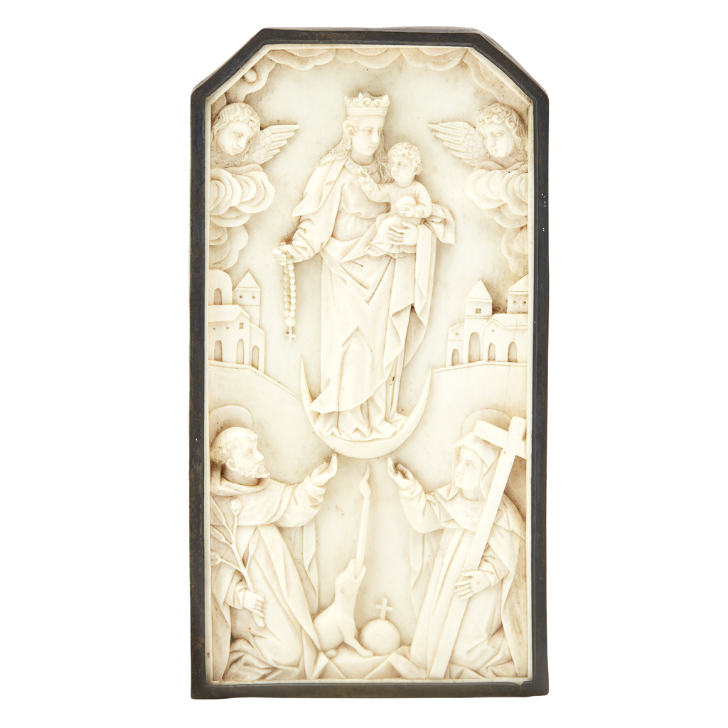 Appraisal: YSMALL CONTINENTAL CARVED IVORY PANEL OF THE VIRGIN IMMACULATA WITH