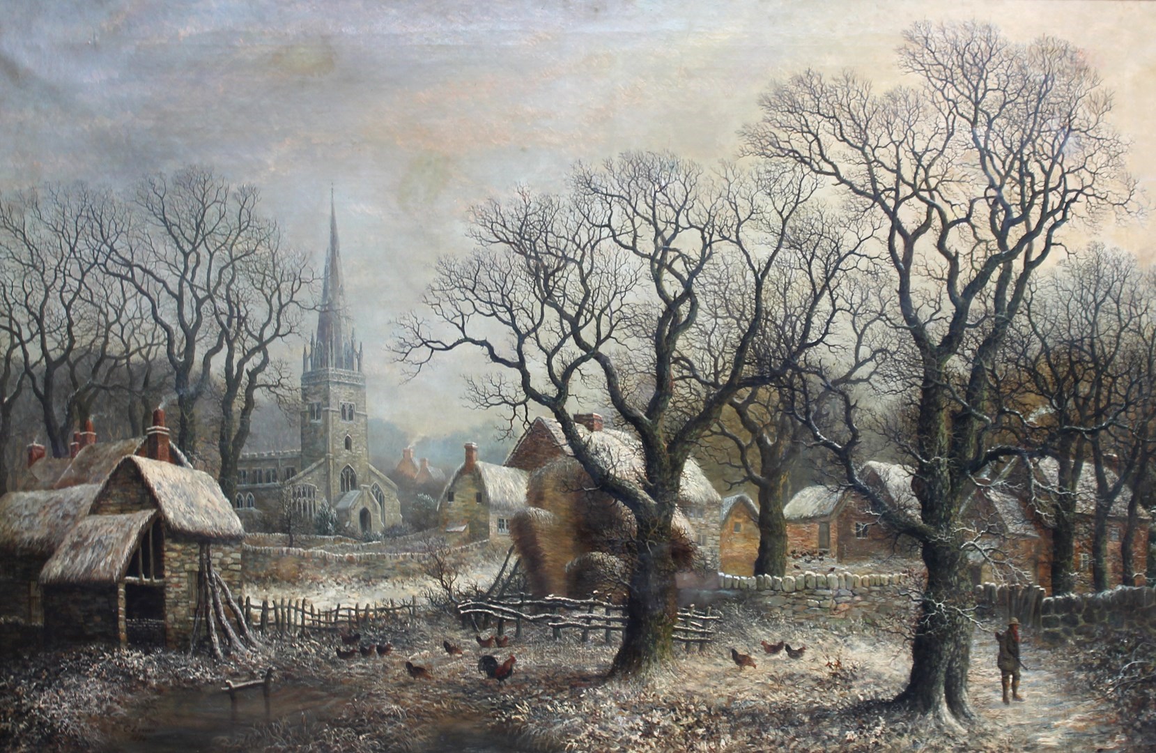 Appraisal: Charles Leaver th century Village scene in winter oil on