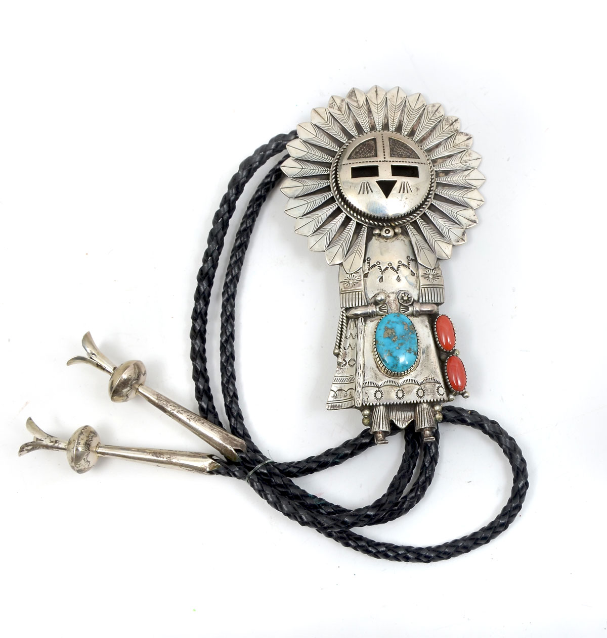 Appraisal: NATIVE AMERICAN INDIAN NAVAJO TURQUOISE SILVER KACHINA BOLO Skillfully detailed