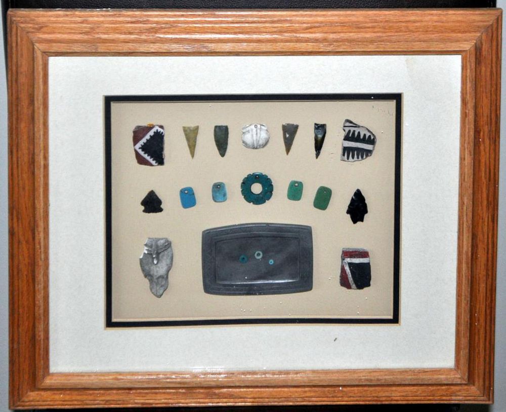 Appraisal: Framed Collection Meso-American Artifacts includes arrowheads turquoise earrings paint pallet