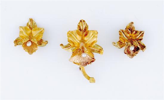 Appraisal: Gold and seed pearl brooch and earrings orchid-form brooch accented