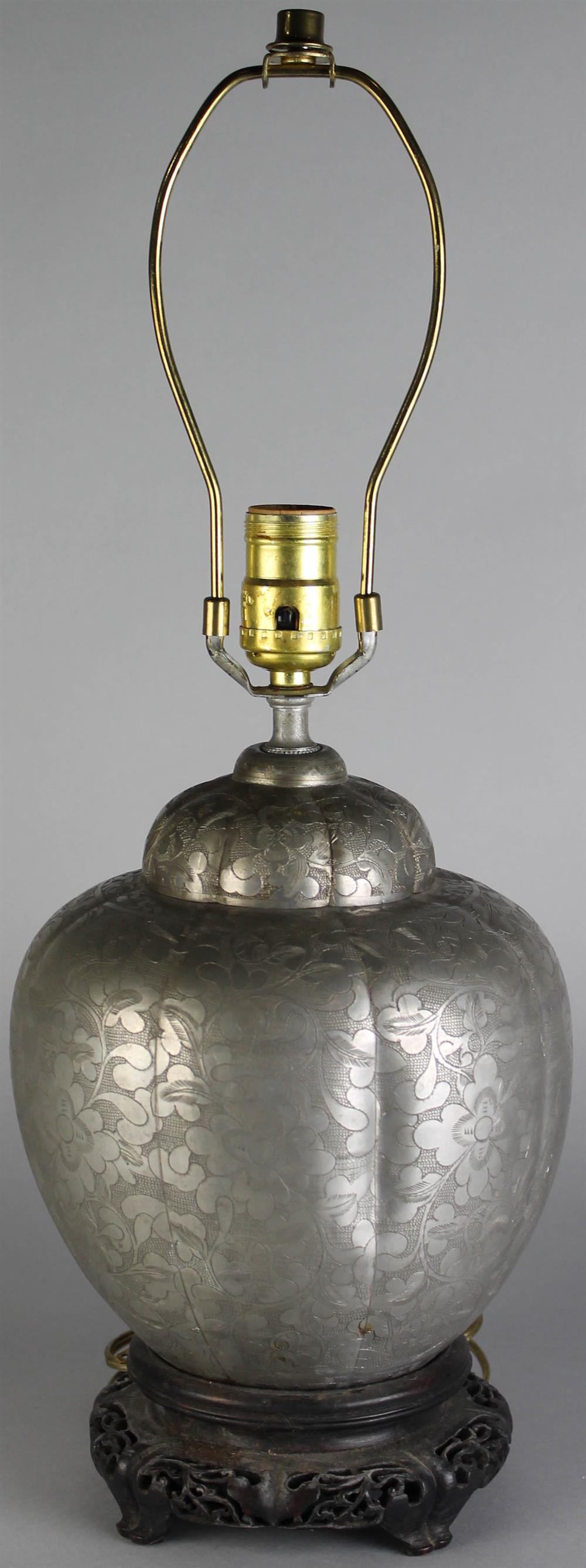 Appraisal: CHINESE PEWTER MELON-FORM LAMP with allover trailing floral design on