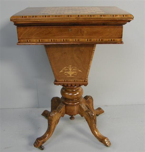 Appraisal: Walnut and inlaid games work table th century the cross-banded