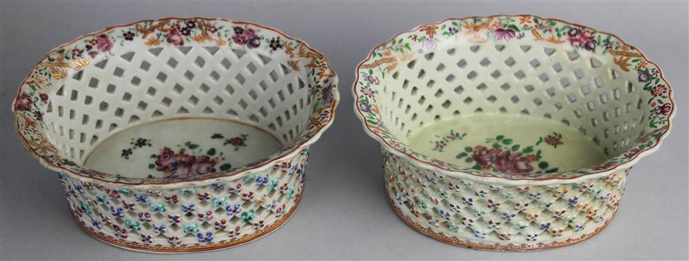 Appraisal: PAIR OF CHINESE EXPORT FAMILLE ROSE RETICULATED OVAL CHESTNUT BASKETS