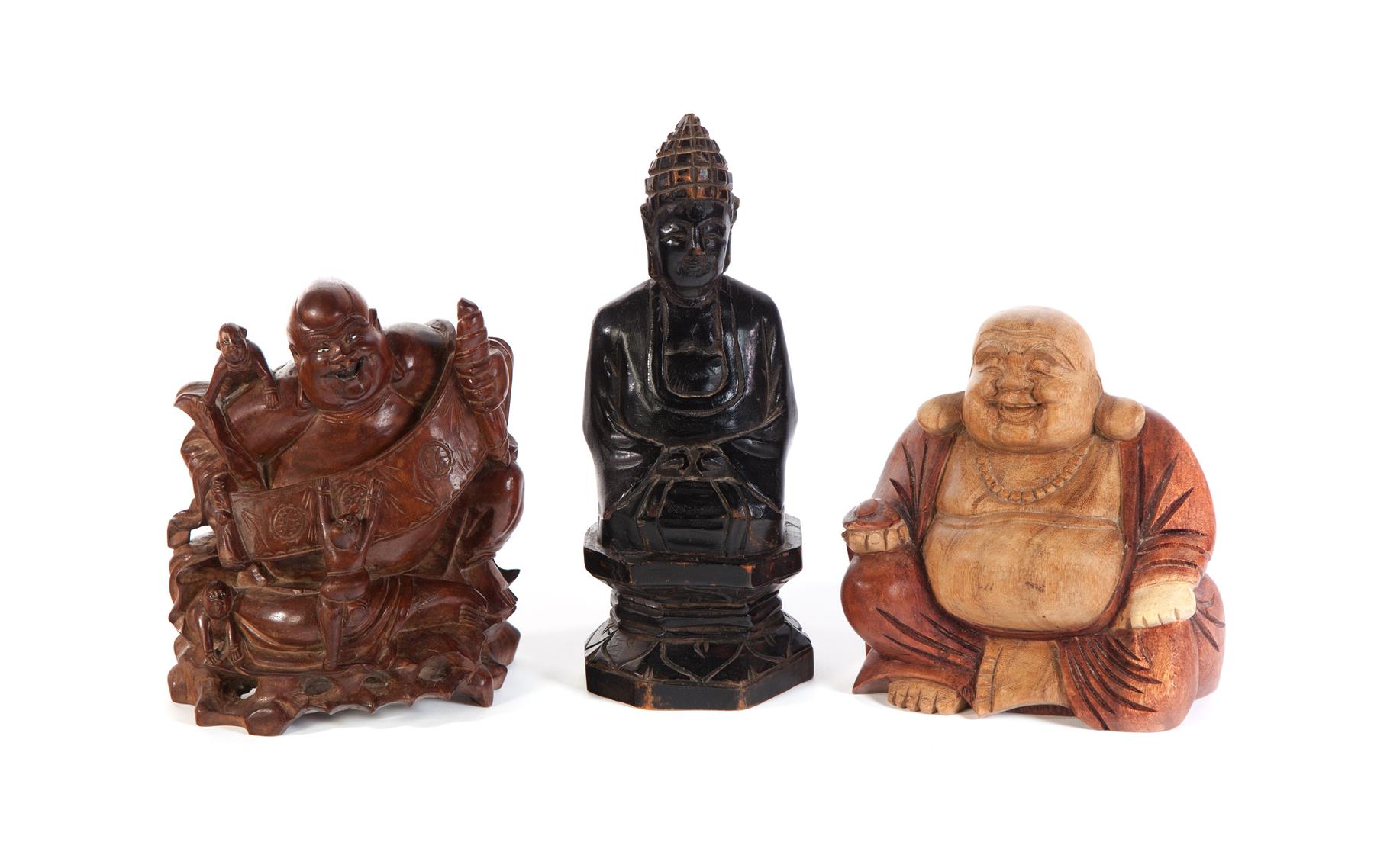 Appraisal: THREE CARVED FULL-BODIED BUDDHAS Asian nd half- th century Two