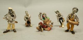 Appraisal: pc Sterling Brass Painted Figures Clowns a fox At least