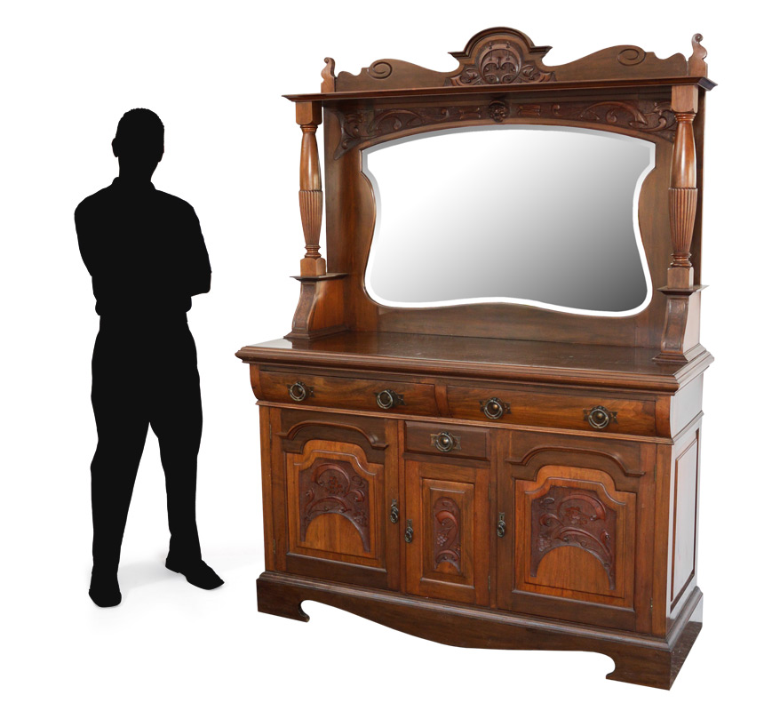 Appraisal: ART NOUVEAU MAHOGANY MIRRORED BACK SIDEBOARD Carved and shaped crest