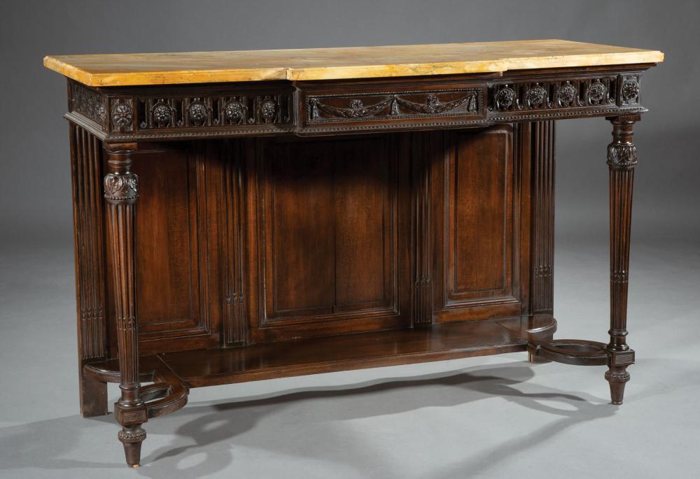 Appraisal: Pair of Louis XVI-Style Carved Walnut Console Tables sienna marble