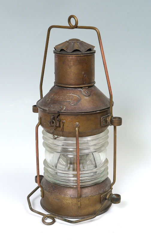 Appraisal: ANCHOR BRASS SHIPS OIL LANTERN Copper and brass with ribbed