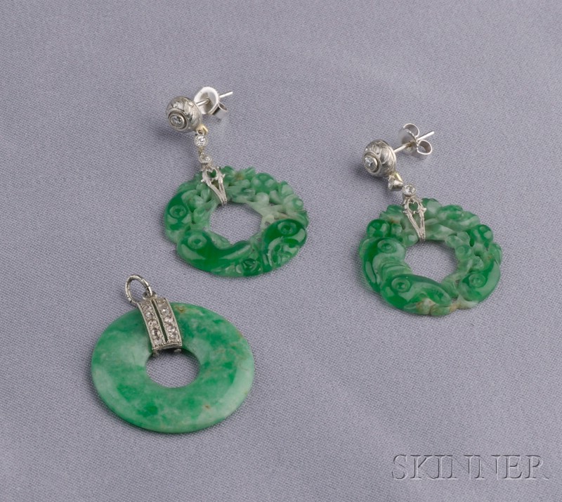 Appraisal: Jadeite and Diamond Suite a pi pendant and engraved hoop