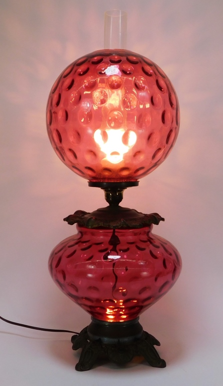 Appraisal: VICTORIAN COIN SPOT CRANBERRY GLASS BANQUET LAMP United States Circa