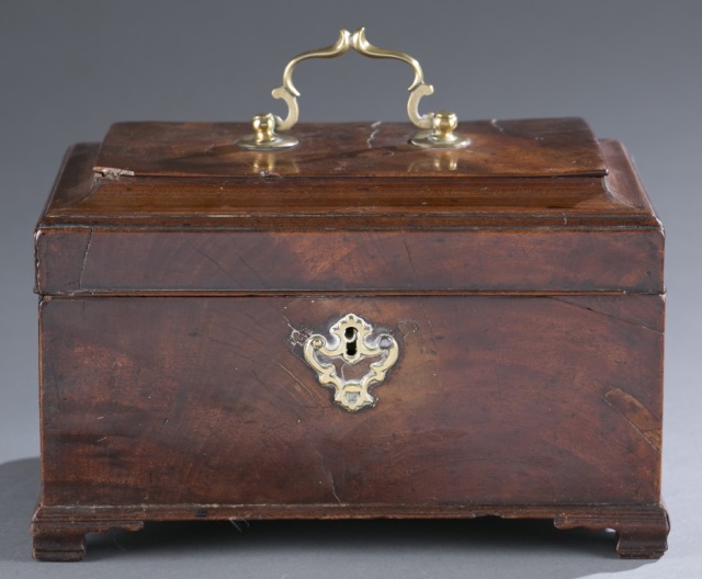 Appraisal: Federal Tea Caddy Mahogany Opens to three-compartment interior Minor cracks