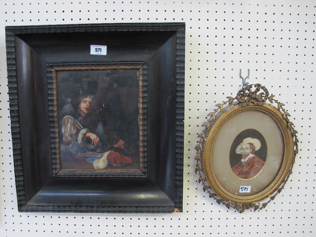 Appraisal: Framed overpainted print and a framed embroidered portrait