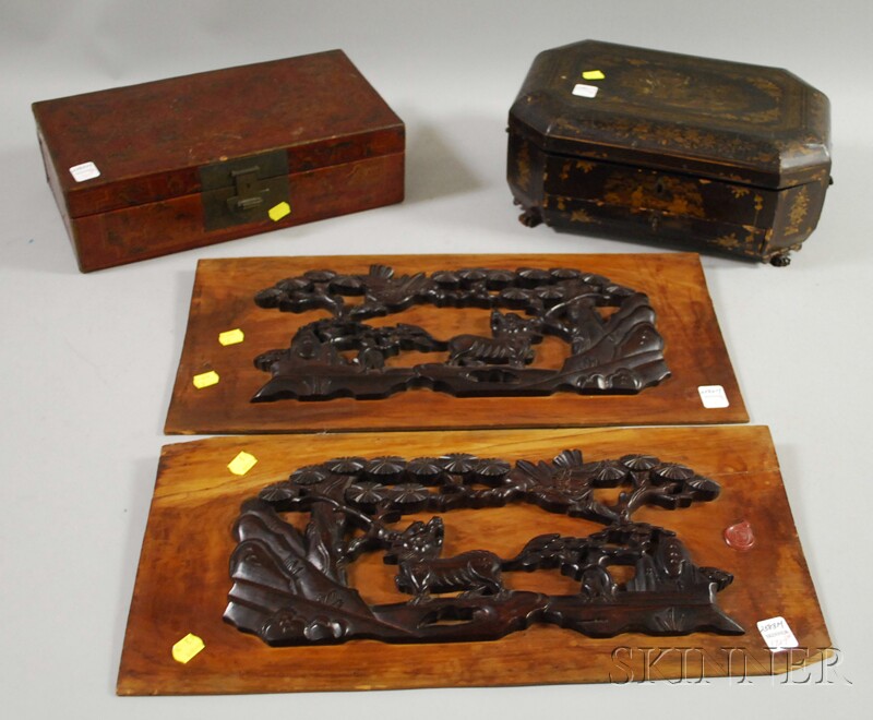 Appraisal: Two Asian Carved Wood Wall Plaques and Two Decorated Lacquer