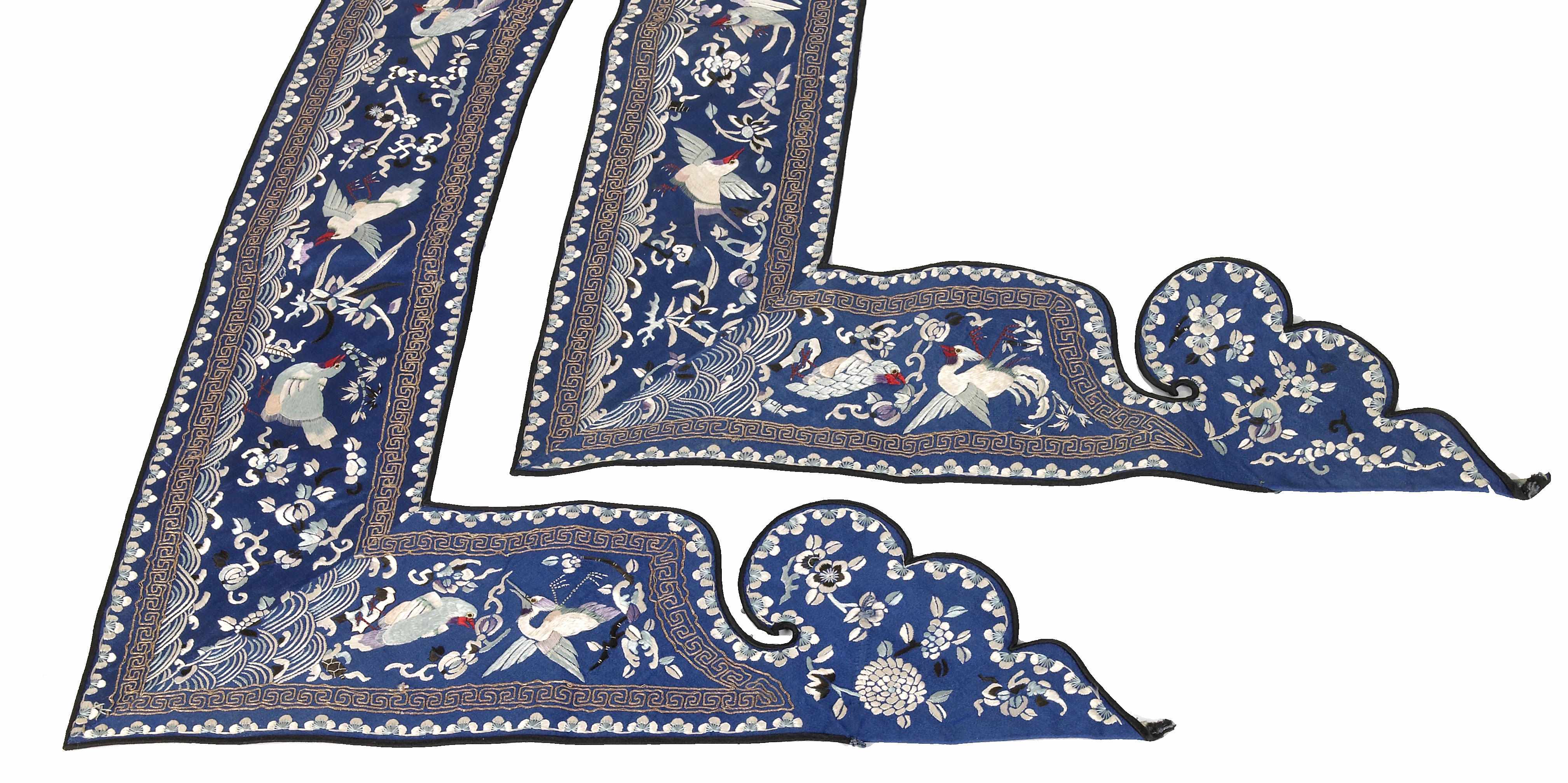 Appraisal: A pair of Chinese blue silk embroidered robe hem bands