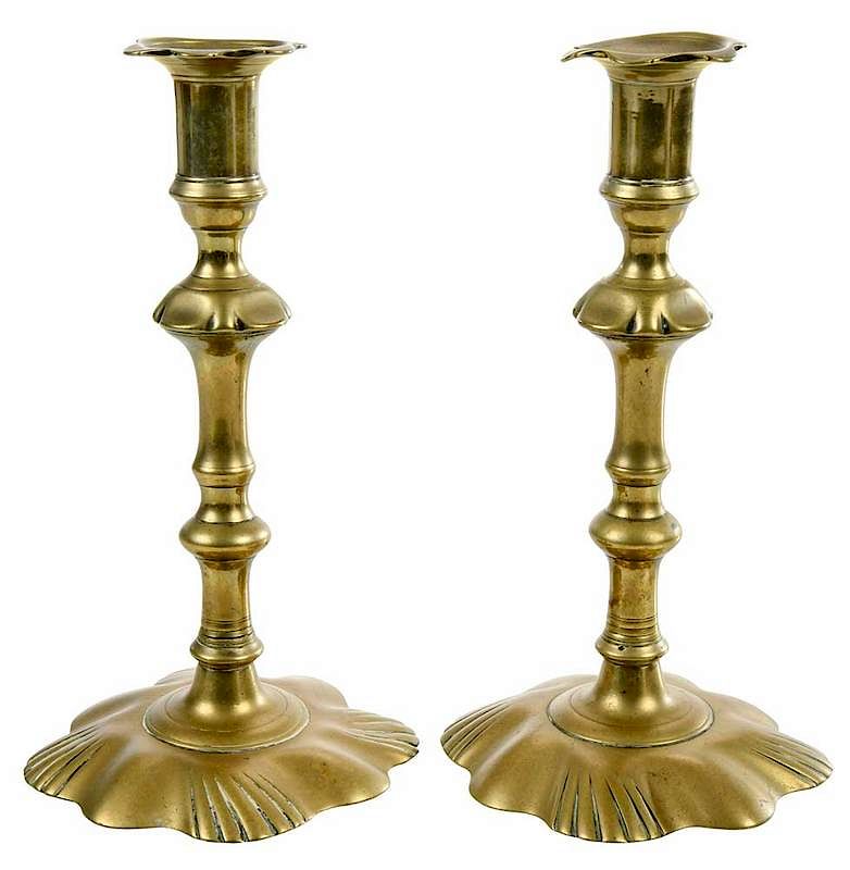 Appraisal: Pair Swirl Petal Base Candlesticks British mid th century stem