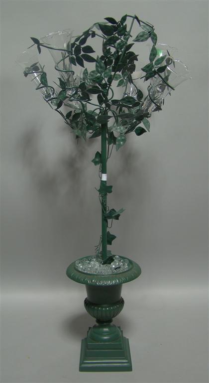 Appraisal: FLORAL METAL AND GLASS CENTERPIECE having removable glass cones h