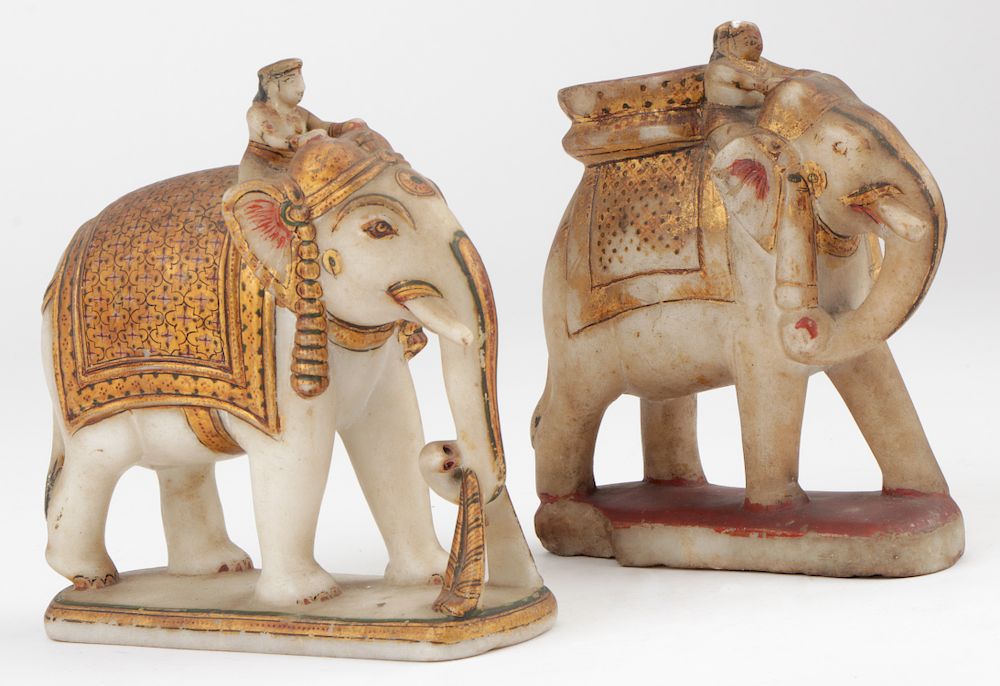 Appraisal: Pair Antique Indian Carved and Paint Decorated Marble Elephants Pair