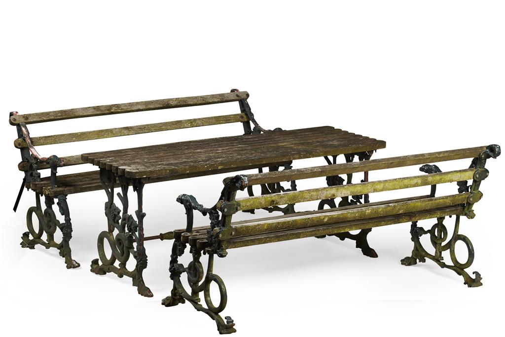 Appraisal: PAIR OF VICTORIAN CAST IRON GARDEN BENCHES AND TABLE TH