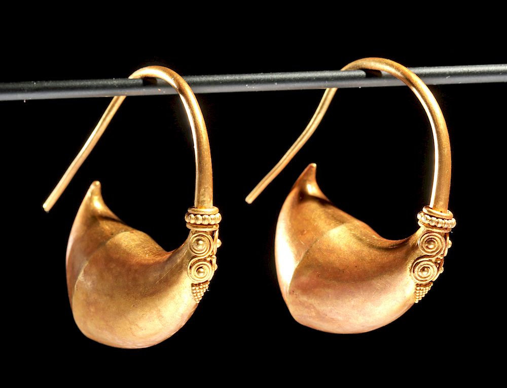 Appraisal: Published East Greek Gold Boat Shaped Earrings - g East