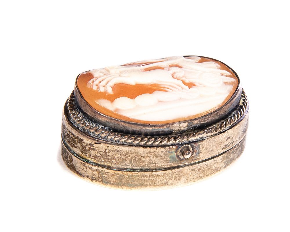 Appraisal: Sterling silver pill box with cameo Sterling silver pill box