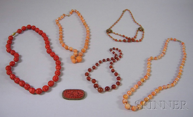 Appraisal: Group of Carnelian and Cinnabar Jewelry including five beaded necklaces