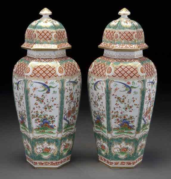 Appraisal: Pr Royal Worcester style porcelain lidded vases the hexagonal bodies