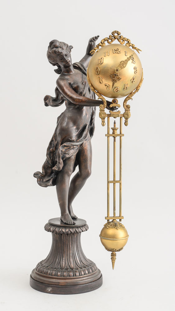 Appraisal: FRENCH BRONZE PATINATED POT METAL AND GILT-METAL FIGURAL CLOCK Modeled