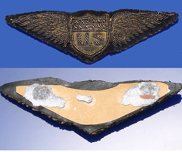 Appraisal: A World War pattern embroidered Pilot's wing belonging to Lt