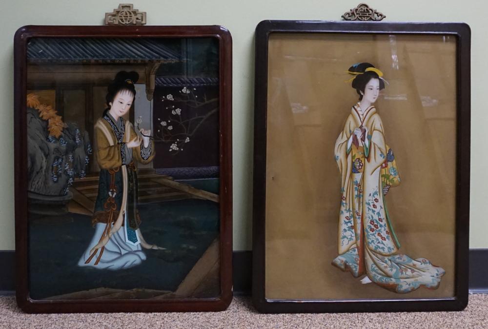 Appraisal: Pair of Chinese Reverse Painted Glass Portraits of Young Beauties