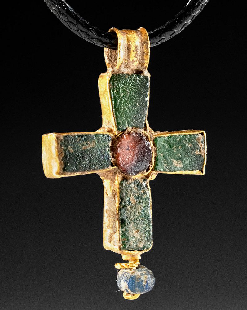 Appraisal: Byzantine Gold and Glass Crucifix Near East Holy Land Byzantine