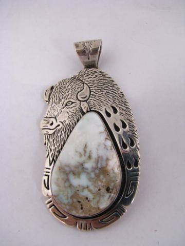 Appraisal: Sterling Silver Engraved Buffalo Pendant with Dry Creek Turquoise by