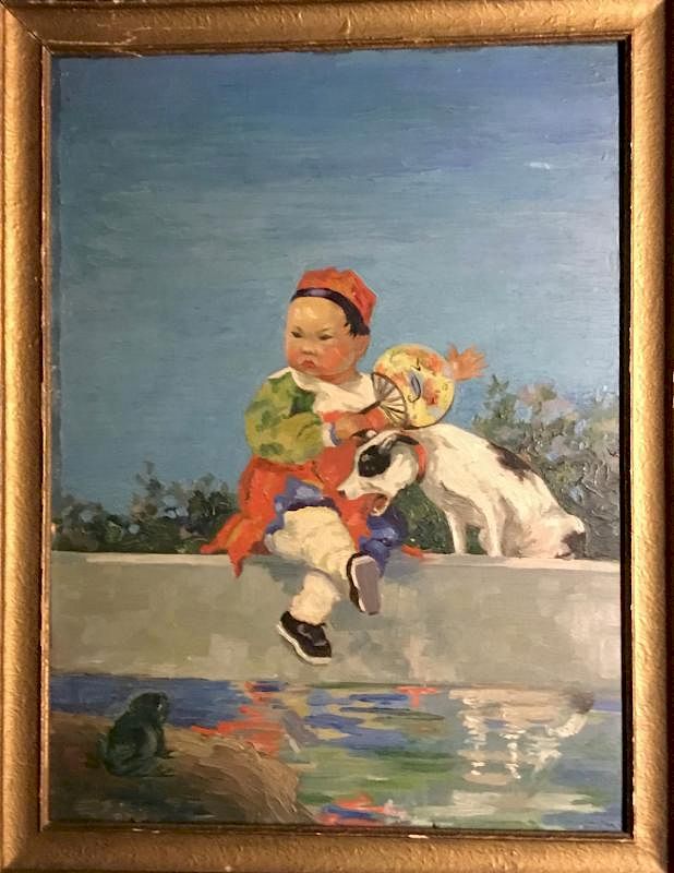 Appraisal: Oil on Board Chinese Boy and Dog Unsigned Oil on