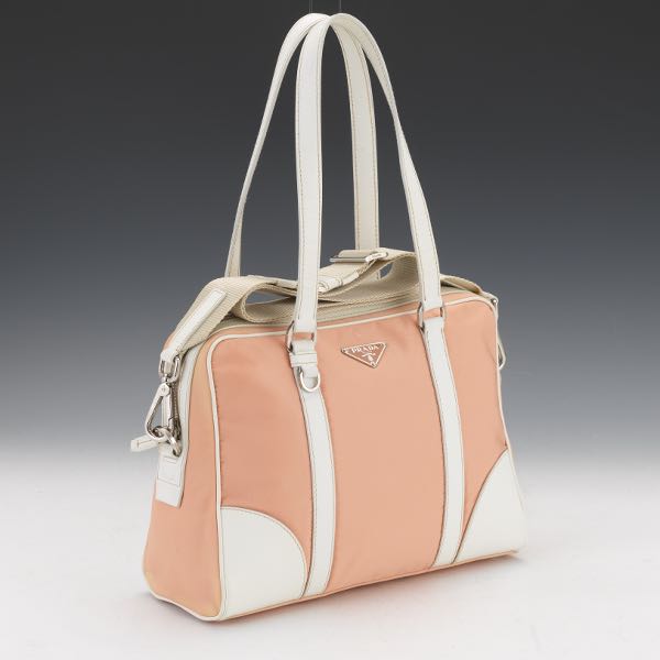 Appraisal: PRADA NYLON SATCHEL x x Coral pink nylon body white