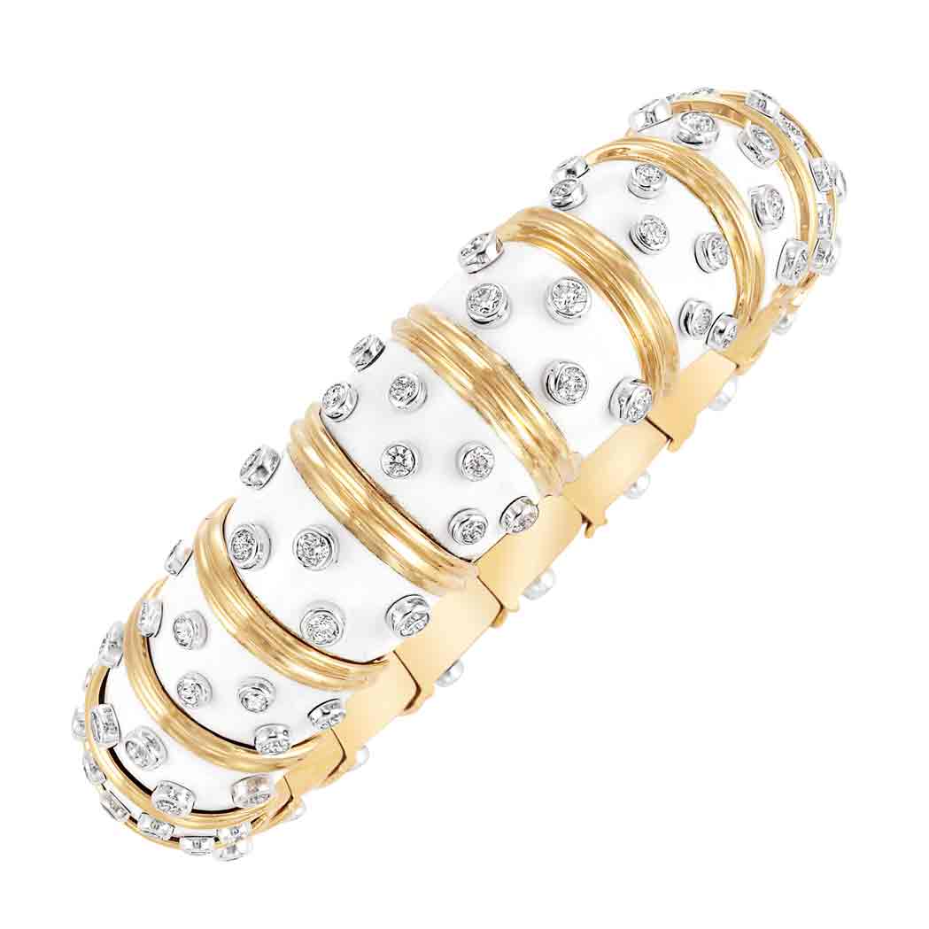 Appraisal: Gold Platinum White Enamel and Diamond Bangle Bracelet Tiffany Co