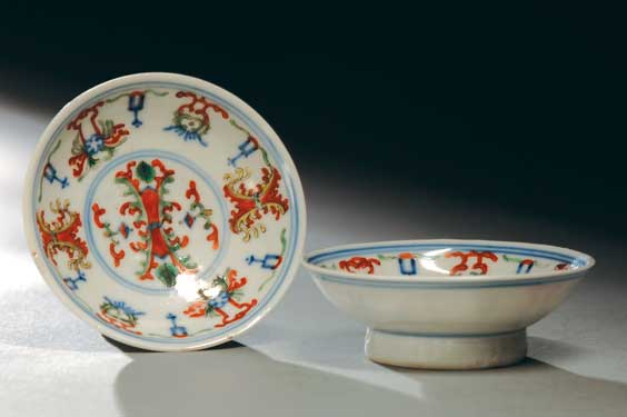 Appraisal: PAIR TH CENTURY DOUCAI DISHES Pair of antique Chinese doucai