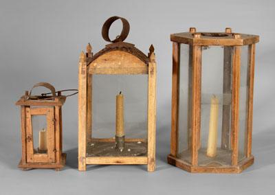 Appraisal: Three wooden lanterns one with mortised wooden frame below domed