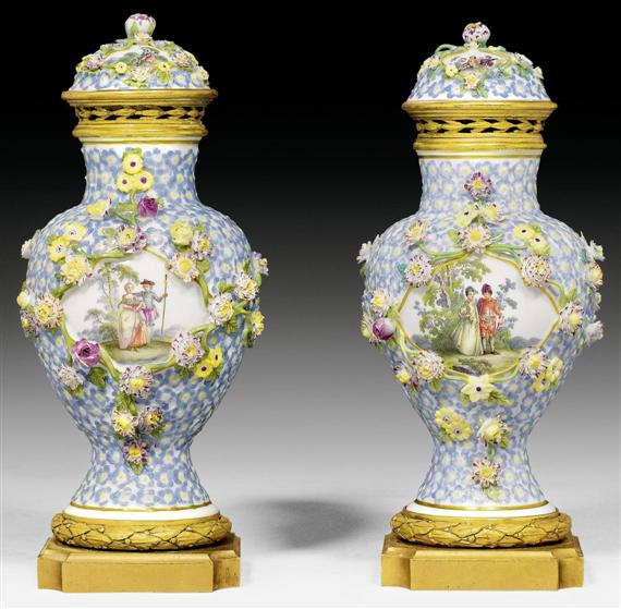 Appraisal: PAIR OF COVERED VASES WITH GILT BRONZE MOUNTS MEISSEN CIRCA