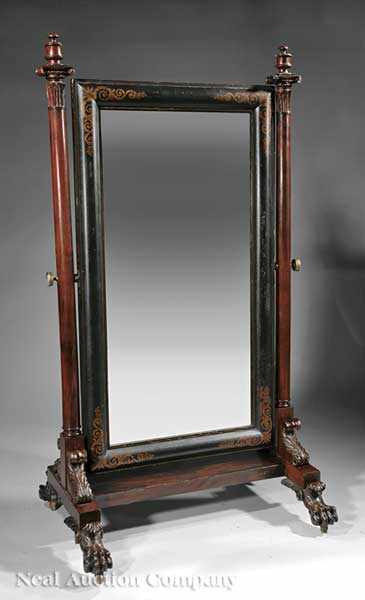 Appraisal: An American Classical Carved Ebonized and Gilt-Stenciled Mahogany Cheval Mirror