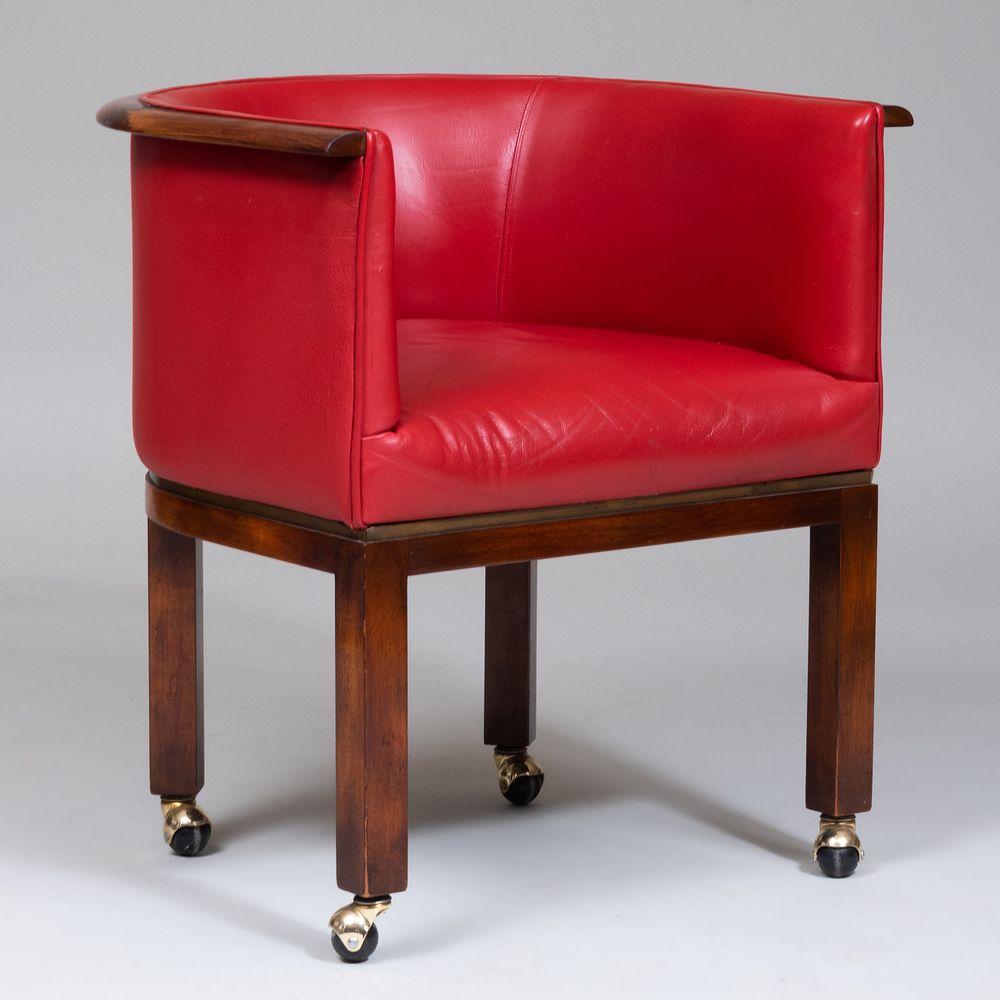 Appraisal: Vladimir Kagan Mahogany and Red Leather Upholstered Tub Chair x