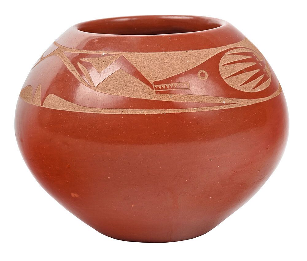 Appraisal: Signed Tony Da Etched Redware Pot San Ildefonso - circa