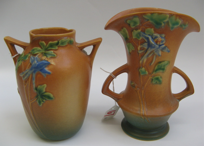 Appraisal: TWO AMERICAN ROSEVILLE ART POTTERY VASES double handled blue flowers