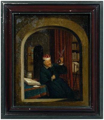 Appraisal: Dutch School painting chemist seated in a room observing a