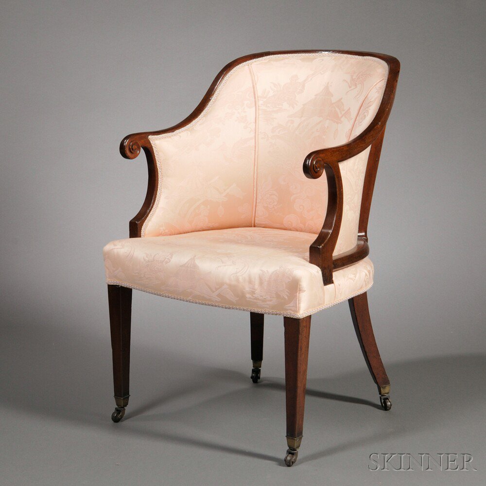 Appraisal: Mahogany Upholstered Armchair possibly England c - the bowed cresting