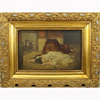 Appraisal: Signed th C Oil Board of Woman in Lions Den