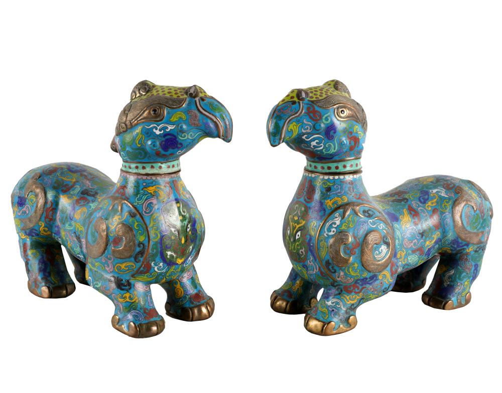 Appraisal: PAIR OF CHINESE CLOISONNE MYTHICAL ANIMAL FIGURESwith removable heads Provenance